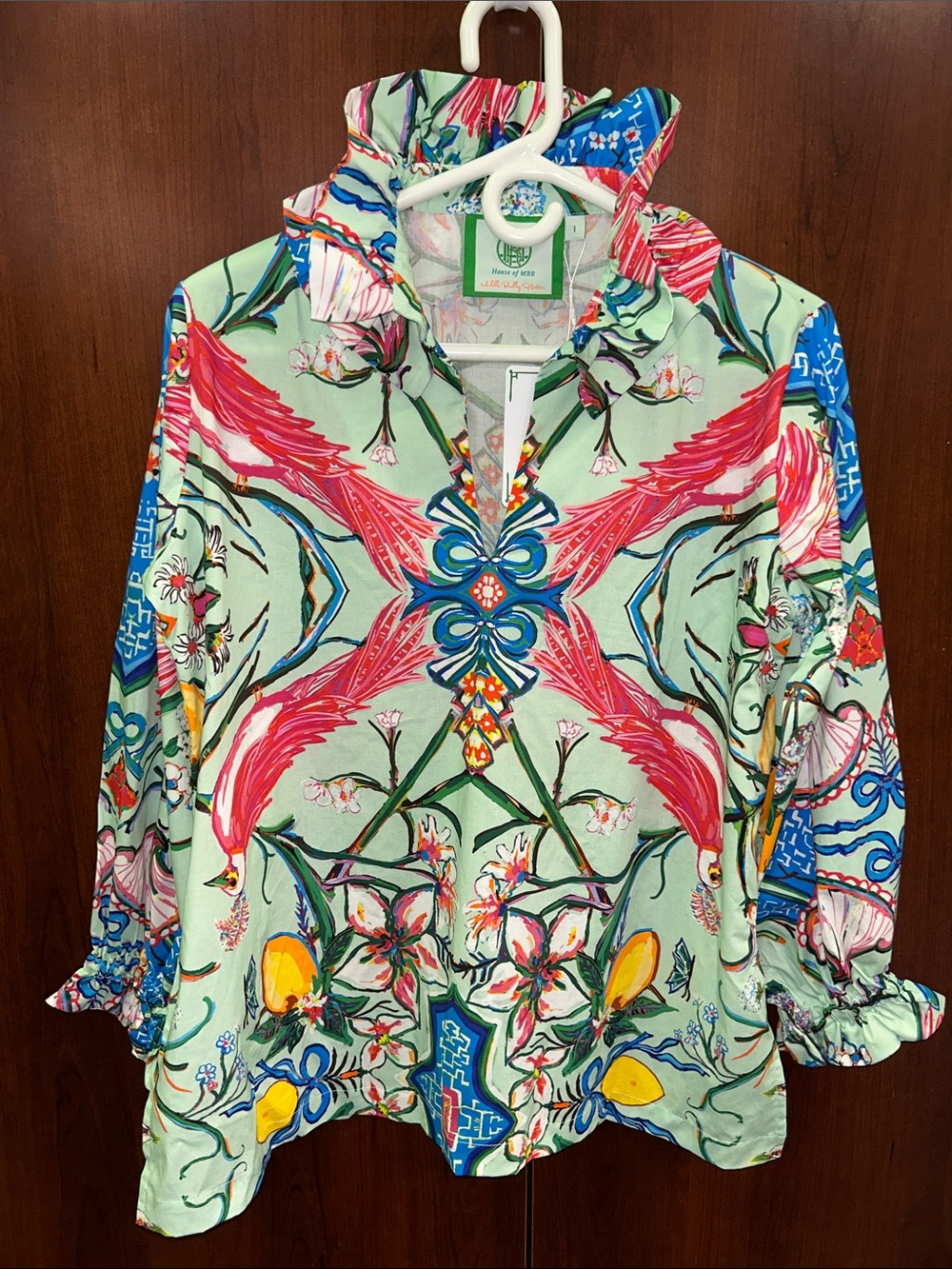 NWTs stunning Floral Ruffle-Collar Blouse in Mint/pink floral by HOUSE OF MBR